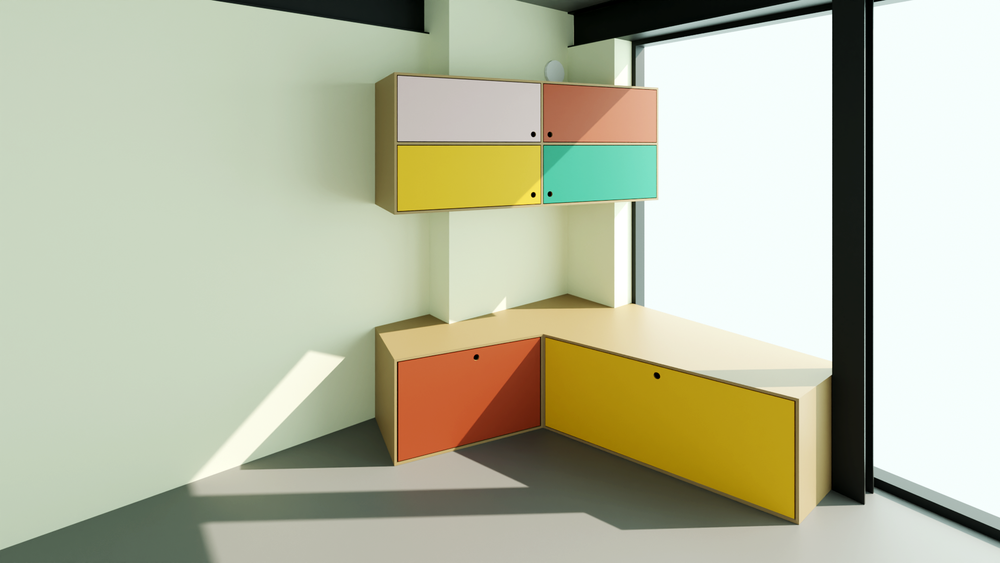 Skewed corner cabinet